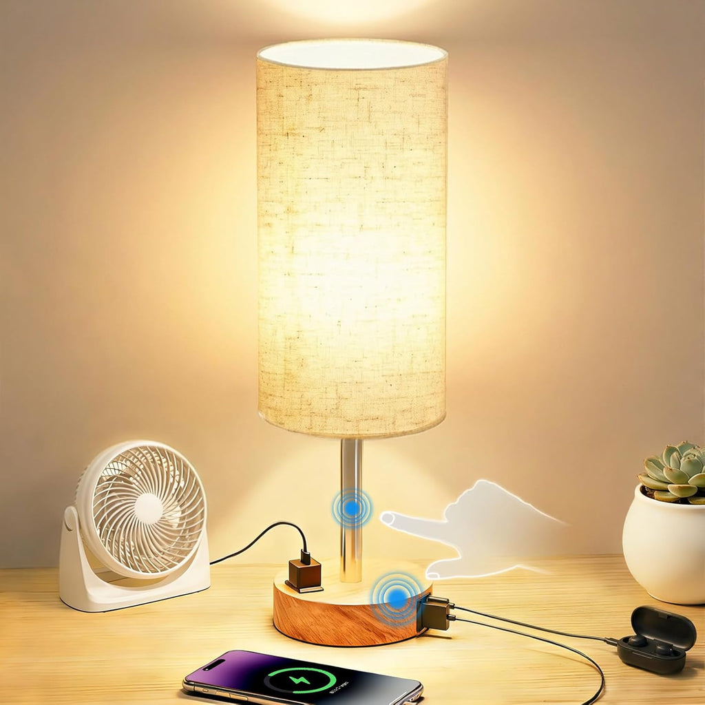 Professional Touch Control Table Lamp for Bedroom with AC Outlet and USB A+C Ports