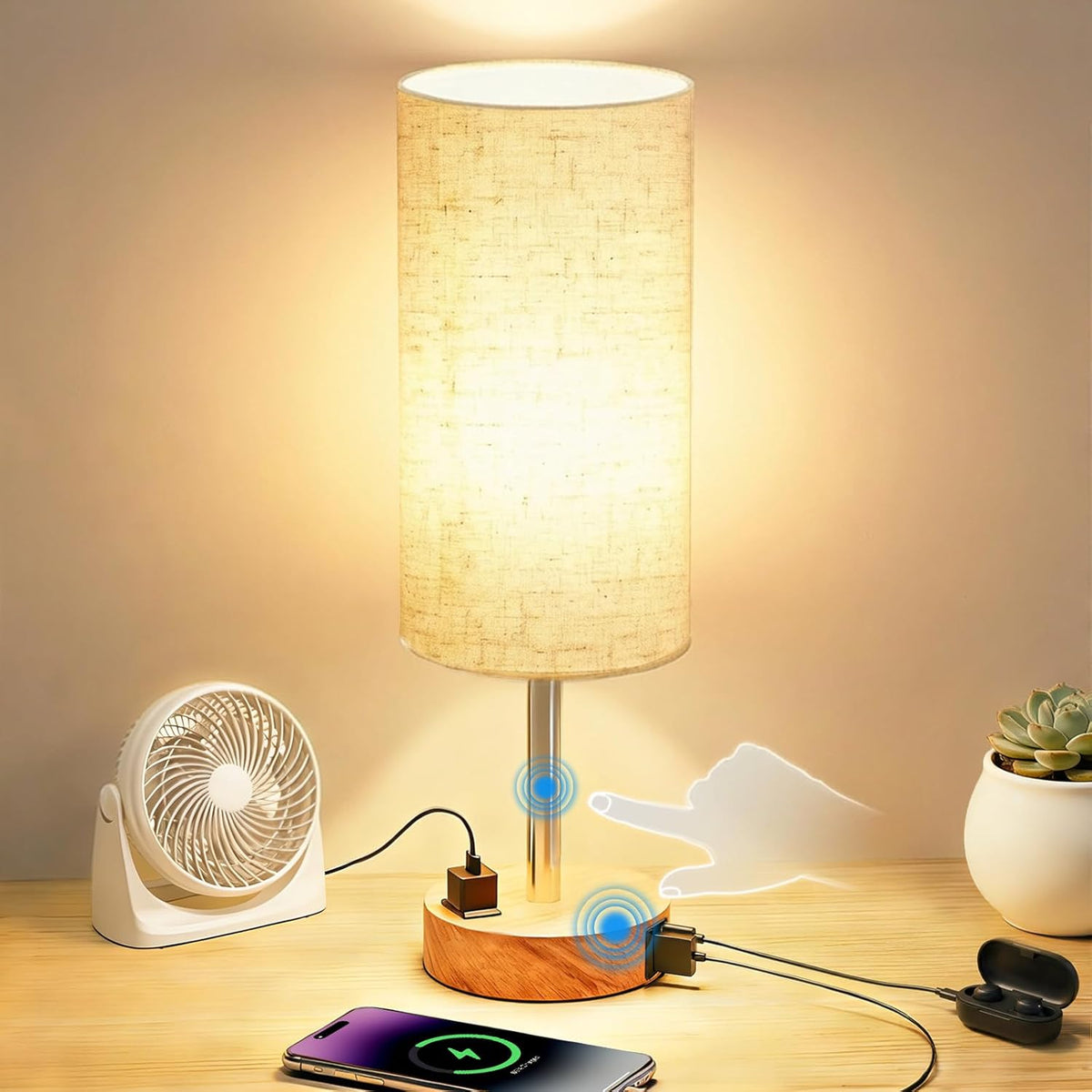 Professional Touch Control Table Lamp for Bedroom with AC Outlet and USB A+C Ports