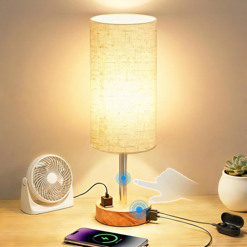 Professional Touch Control Table Lamp for Bedroom with AC Outlet and USB A+C Ports