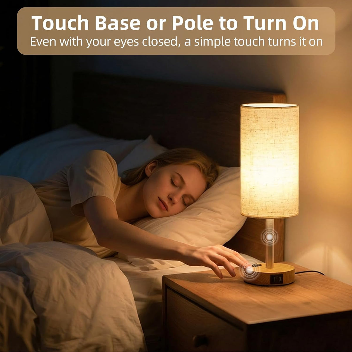 Professional Touch Control Table Lamp for Bedroom with AC Outlet and USB A+C Ports